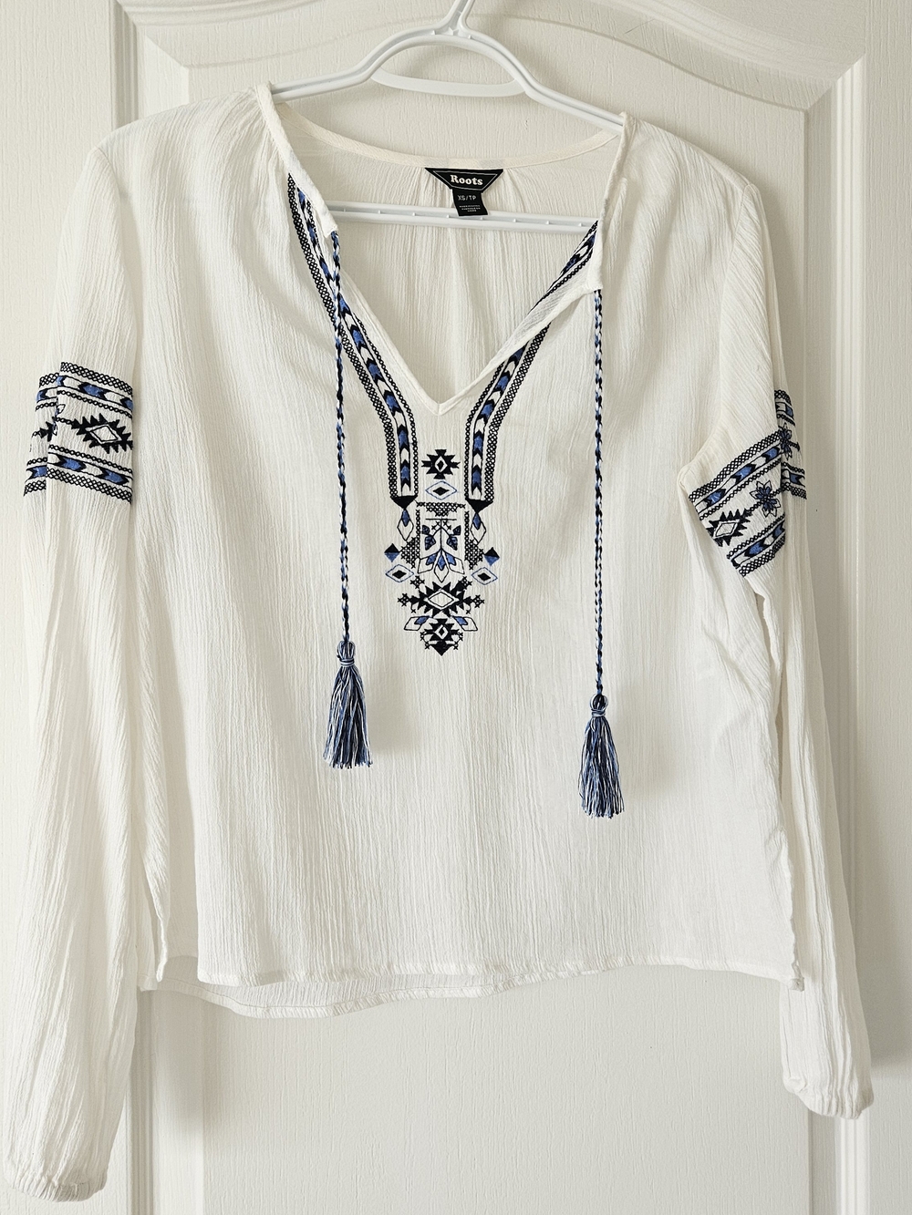 Roots White Peasant Tunic with Blue Embroidery and Tassels